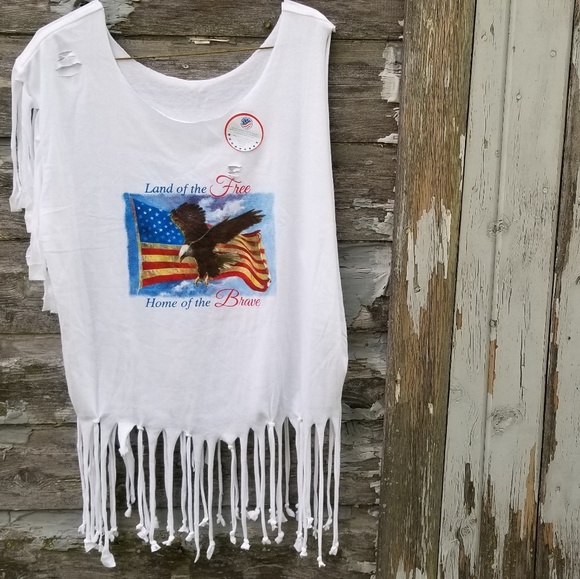 American Flag Graphic print Fringe boho Tee - Picture 1 of 4